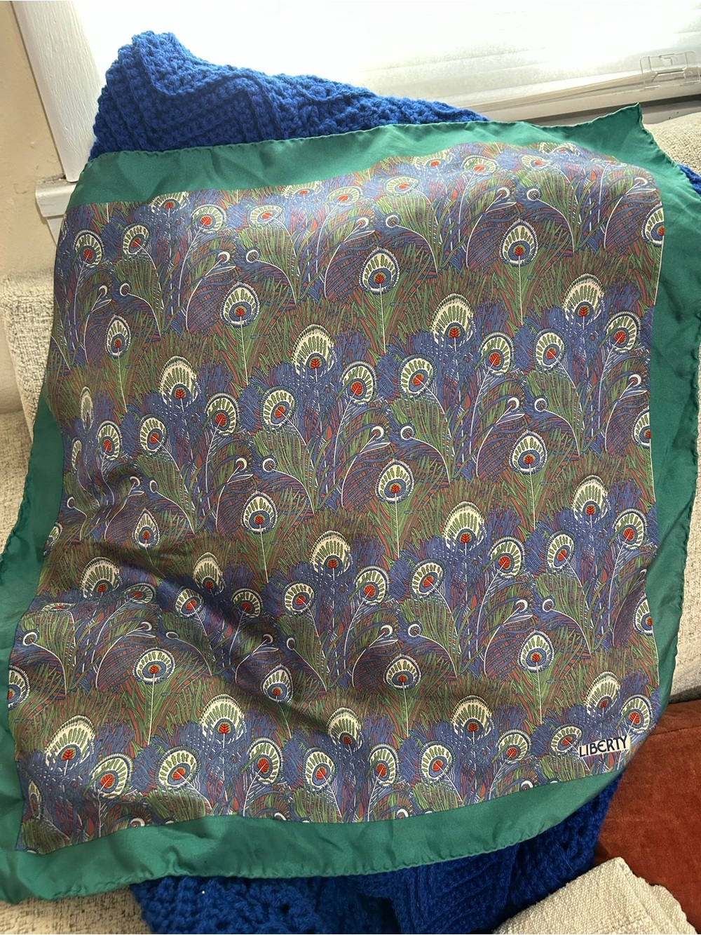 Liberty of London Green Blue Peacock Silk Feathers scarf Made In England